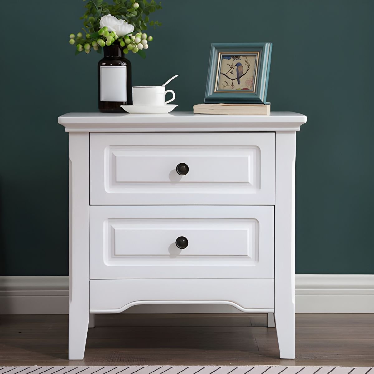 Nightstand White Nightstand in Bedroom Wooden Sofa Side Storage with Sliding Drawers and Shelves - Image 2