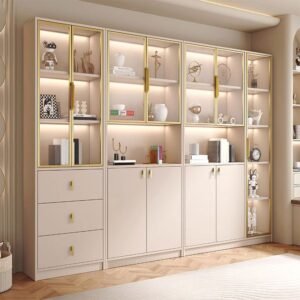 79″ Modern Wooden Bookcase with Tempered Glass Doors & Ambient LED Lighting – Luxury Executive Display Cabinet