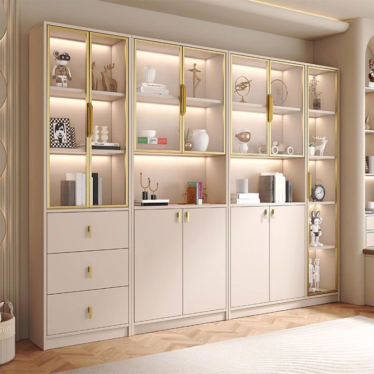 A premium 79-inch (200cm) tall Modern Wooden Bookcase in a warm oak finish. The top section features Tempered Glass Doors with Ambient LED Lighting showcasing curated books. The middle section includes four drawers with minimalist black hardware, and the bottom section features two solid doors for Concealed Base Storage. A comprehensive All-in-One Storage Organizer designed for a luxury Executive Display Cabinet setup.