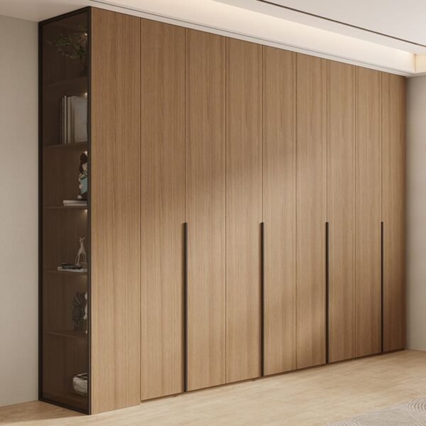 JX-HD-073 Exquisite wood grain modular closet with walnut finish and handleless design.
