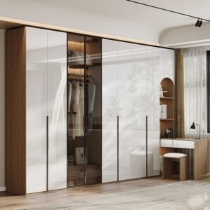 Chalk Minimalist Laminate Cabinet Armoire with Soft Close Drawer, Soft Close Door, Interior Shelves, and Clothing Rod