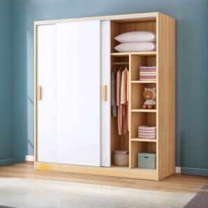 Modish Wooden Independent Armoire Cabinet with Soft Close Door, Interior Shelves, and Clothing Rod