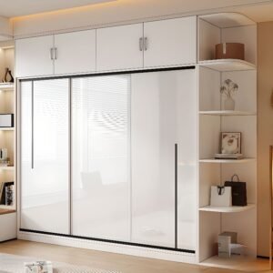 White Modish Wooden Armoire Cabinet with Soft Close Drawer and Door, Interior Shelves, and Clothing Rod