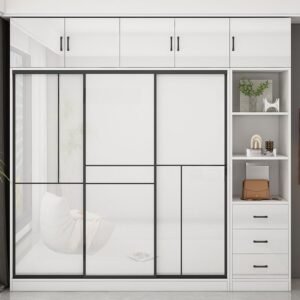 Tan Modish Manufactured Wood Armoire Cabinet with Soft Close Door, Interior Shelves, and Clothing Rod