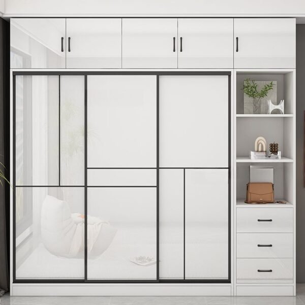 A 94.5-inch (240cm) Pristine Sliding Sanctuary in Alpine White, featuring dual sliding doors, internal hanging rails, and bottom storage drawers made from E0-grade eco-friendly panels.