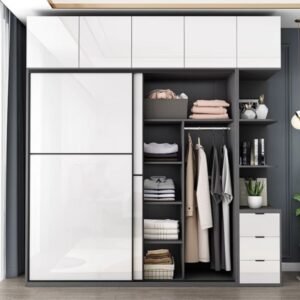 White Modish Manufactured Wood Armoire Cabinet with Soft Close Drawer, Soft Close Door, Interior Shelves, and Clothing Rod