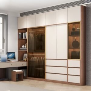 Beige Modish Manufactured Wood Armoire Cabinet with Soft Close Drawer, Soft Close Door, Interior Shelves, and Clothing Rod