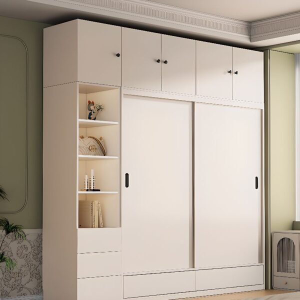 High-end Radiant White Sliding Wardrobe featuring a 248cm ultra-tall frame with integrated side cabinet drawers and top hinged storage for a built-in look.