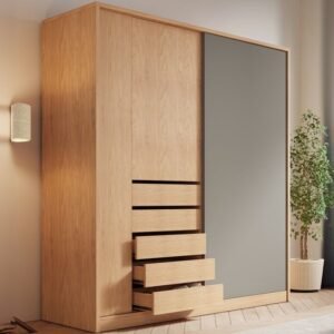 Modish Wooden Independent Armoire Cabinet with Soft Close Door, Interior Shelves, and Clothing Rod