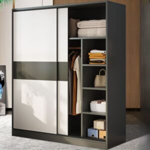 White Minimalist Manufactured Wood Wardrobe Closet with Interior Shelves, 2 Soft Close Doors and Clothing Rod