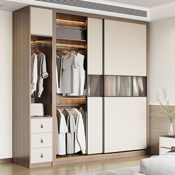 Grand Fluted Glass White Wardrobe at 240cm height, showcasing ribbed glass door accents, built-in LED lighting, and a Bespoke-Style Fluted Glass Organizer.