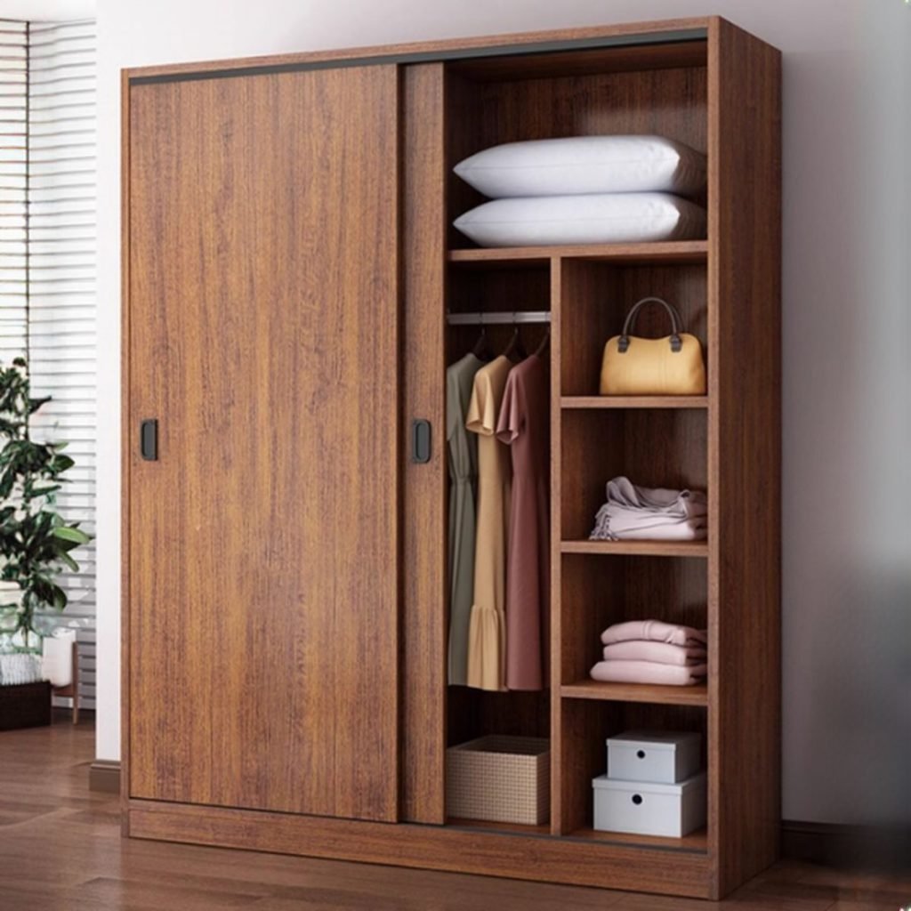 Modern Tricolor Sliding Door Wardrobe in wood-grain and white finish, 71 inches tall, featuring a Hidden-Handle Side Storage Unit for extra organization.