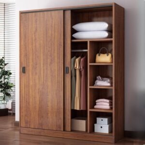 Modish Wooden Independent Armoire Cabinet with Soft Close Door, Interior Shelves, and Clothing Rod
