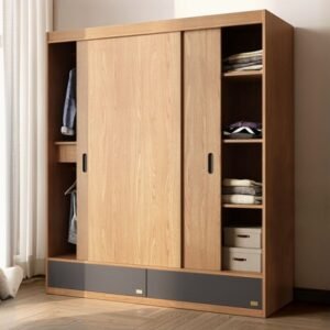 Minimalist Wooden Independent Wardrobe Closet with Compartments, Interior Shelves, Slipping Door Mechanism, and Gate