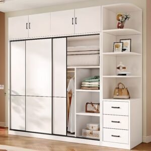 White Minimalist Manufactured Wood Wardrobe Closet with 2 Drawers, Interior Shelves, and Clothing Rod