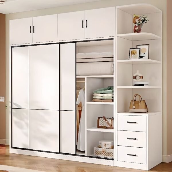Modern Sliding Wardrobe with Top Storage in a chic white finish, featuring a tall 94.5-inch profile and an integrated side cabinet with smooth-gliding drawers.