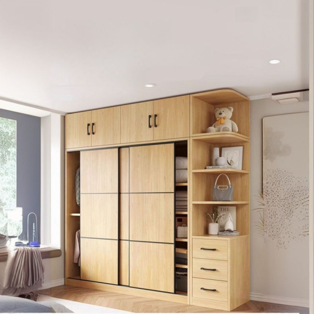 High-end Sliding Door Closet in natural wood finish, featuring top opening cupboards, a side unit with three drawers, and a tall 94.5-inch profile.