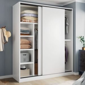 White Minimalist Manufactured Wood Wardrobe Closet with 2 Drawers, Interior Shelves, and Clothing Rod