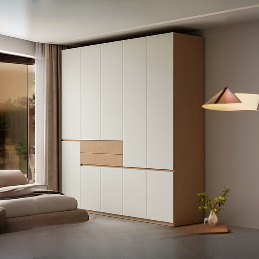 Two-Tone Wood and White Wardrobe featuring white doors and oak-textured drawers with hidden handles, 94.5 inches tall, by Apexerahomelife.