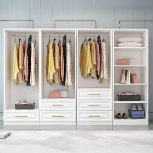 Chalk Minimalist Laminate Cabinet Armoire with Drawers, Interior Shelves, and Clothing Rod