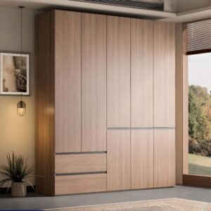Natural Finish Minimalist Oak Wood Cabinet Armoire with Soft Close Drawer and Door, Interior Shelves, and Clothing Rod