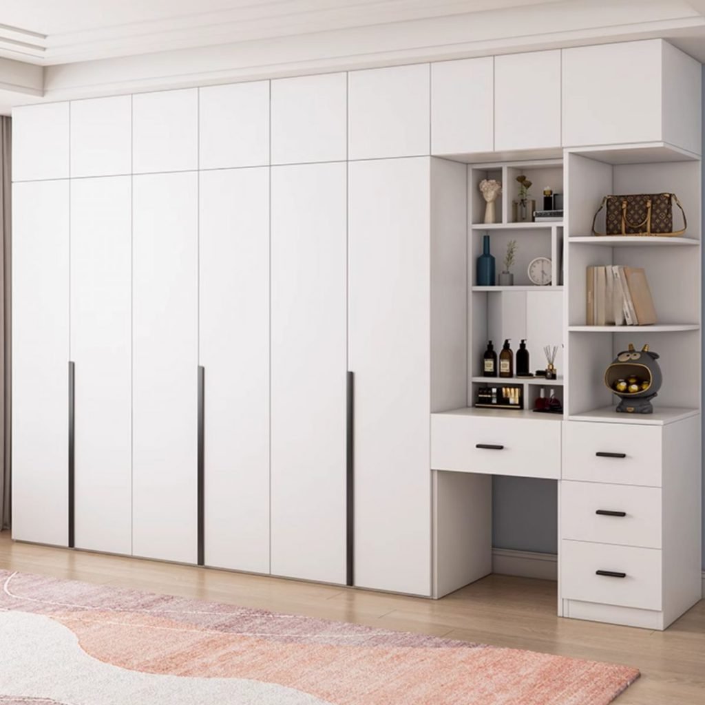 White Armoire with Side Display Shelves showing 94.5-inch tall minimalist doors and an integrated corner unit for bedroom decor.