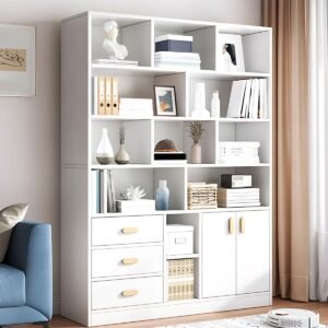 Open Unit With Hidden Storage Bookcase – Modern Wood Grain Library Tower Bookshelf
