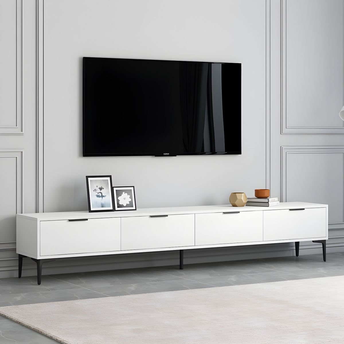 White Wood TV Stand with Cabinets and Shelves for Small Space, Elegant and Functional