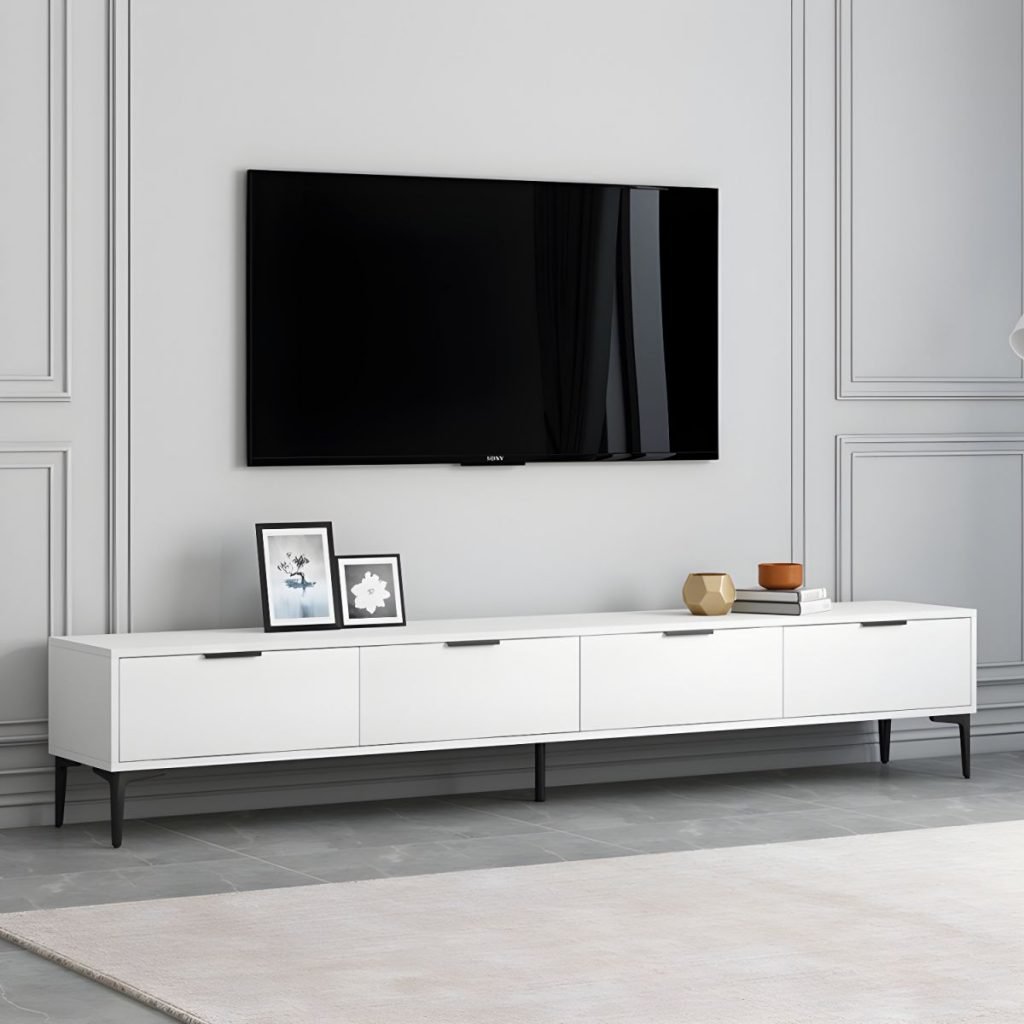 Apexerahomelife Elegant White Metal Leg TV Base 200cm, featuring a pristine white finish, 4 drawers, and sturdy black metal legs on E0 wood.