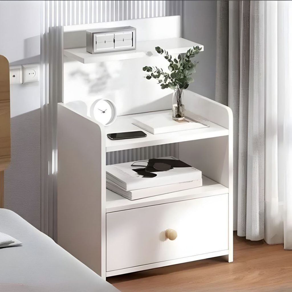 Organic Wood Bedside Tier in brown and white with E0 panels.