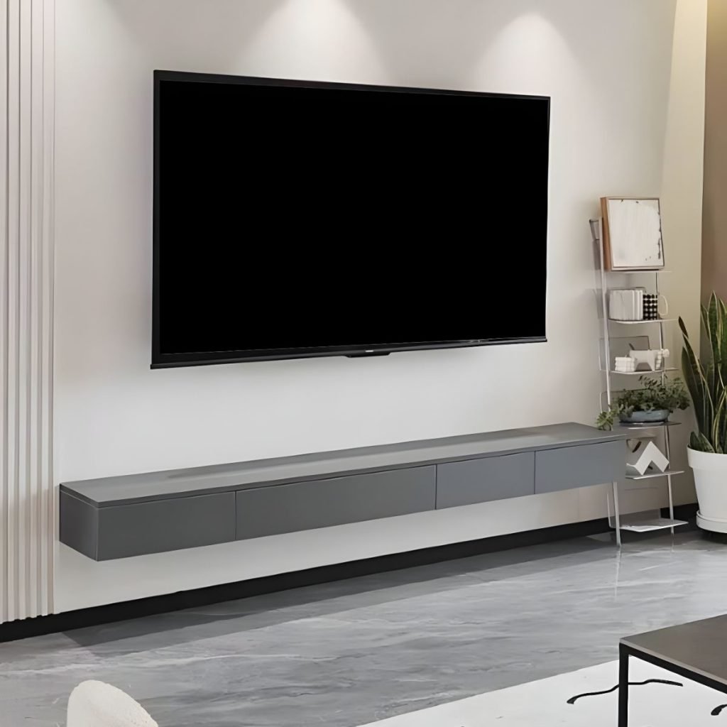 Apexerahomelife Sophisticated Grey White Modern TV Stand in a 79-inch (200cm) length, featuring a dark grey frame, white doors, gas strut mechanics, and hidden handle drawers.