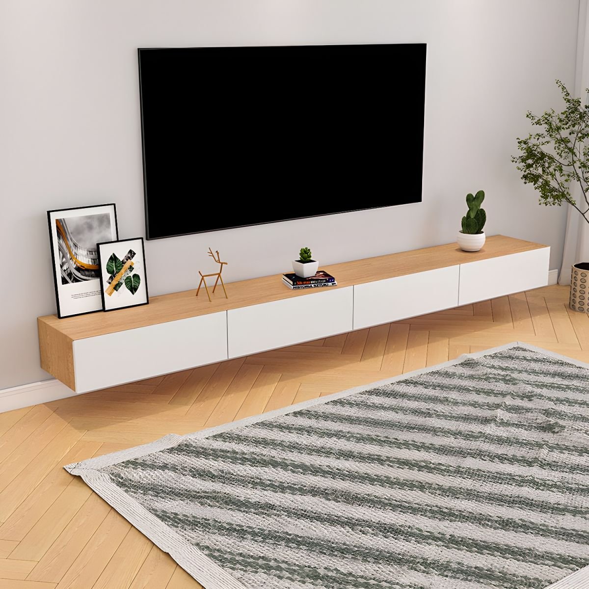 Chalk Modern Simple Style Wood TV Stand with Shelf, 4 Drawers, Cable Management, and Open-air Storage