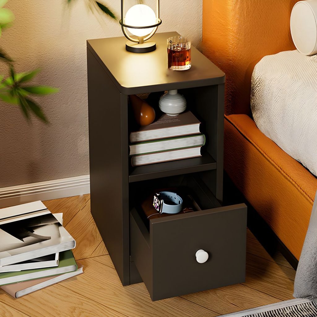 Slim Industrial Bedside Tray in matte white and black with E0 wood.