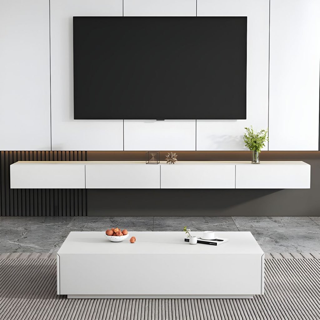 Apexerahomelife Floating White Media Console 240cm, showing a pure white wall-mounted design with hidden handles and healthy E0-grade wood.