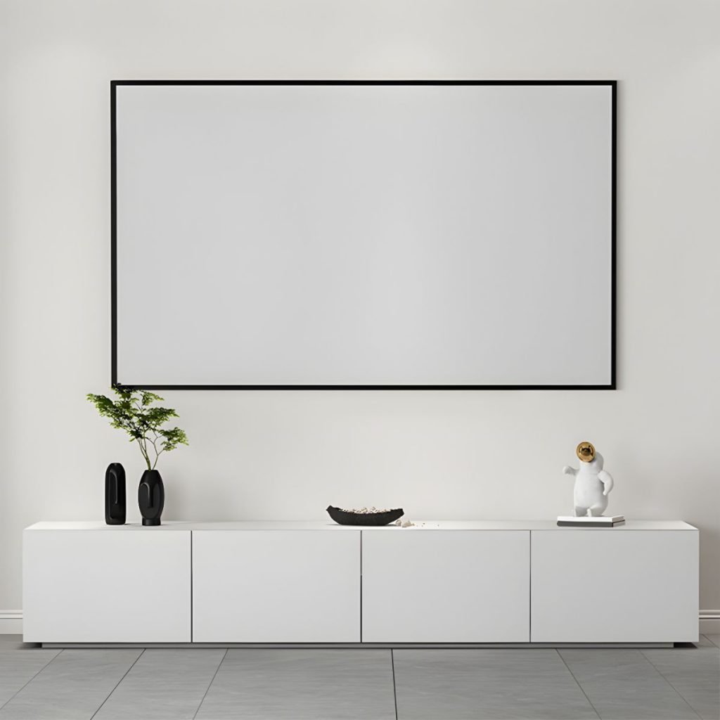 Apexerahomelife Chic White Gas Lift TV Stand in 59-inch length, showcasing a seamless white exterior with 2 hidden handle drawers, a central gas lift flap door, and premium E0-grade eco-friendly wood texture.