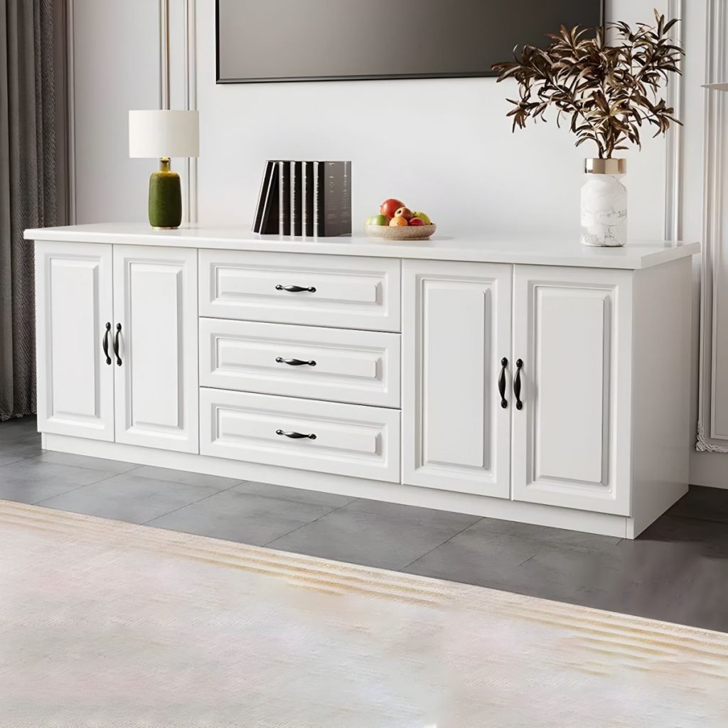 Apexerahomelife Classic White Compact TV Stand in 39.5-inch length, showcasing a symmetrical design with 2 side wood doors, 3 central drawers, elegant handles, and premium E0-grade eco-friendly white wood texture.