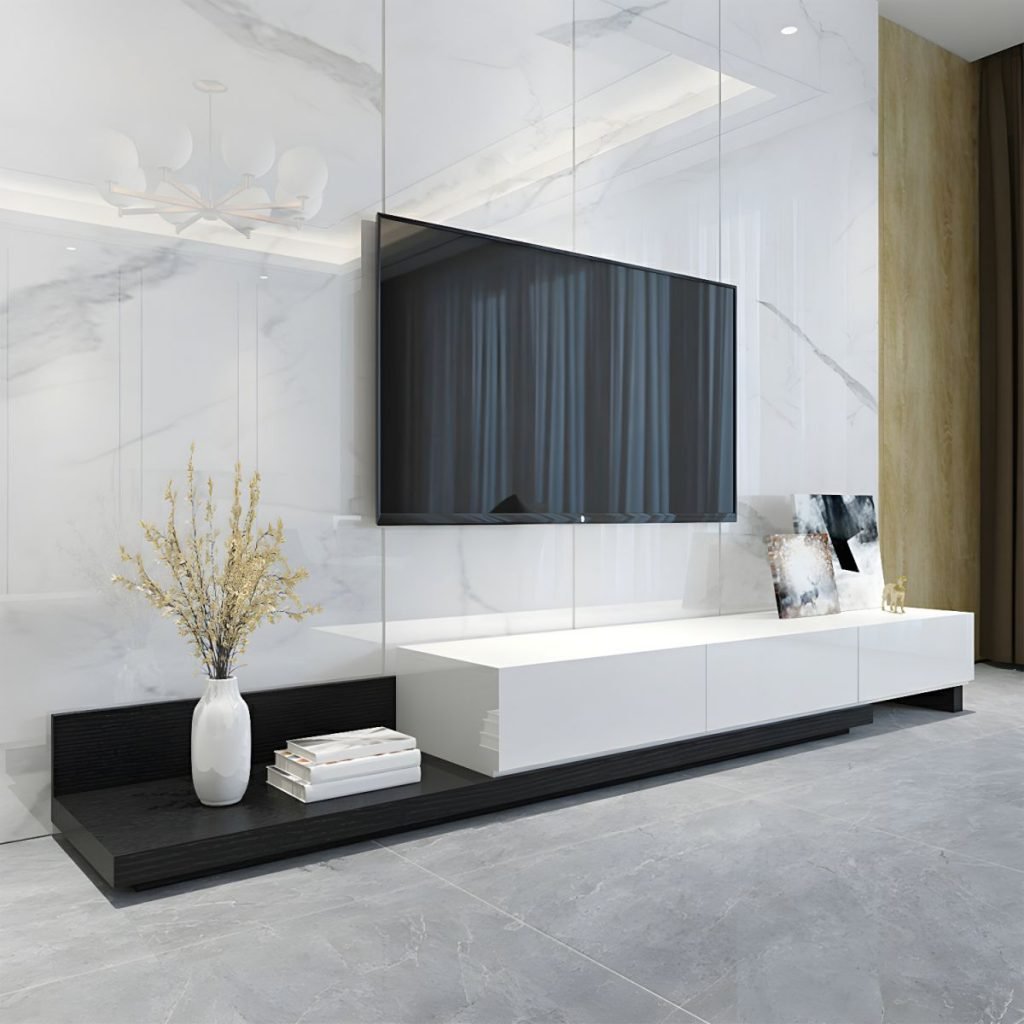 Apexerahomelife Versatile Expandable Grey White TV Stand in maximum 147.5-inch extension, showing 3 hidden handle drawers, a sleek low-profile silhouette, and a premium grey-white two-tone E0 wood finish.