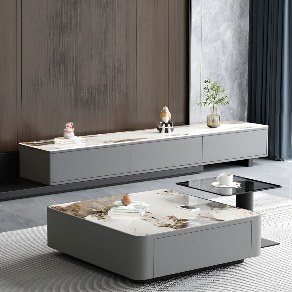 Extendable Grey Media Stand 180-300cm with 3 drawers.