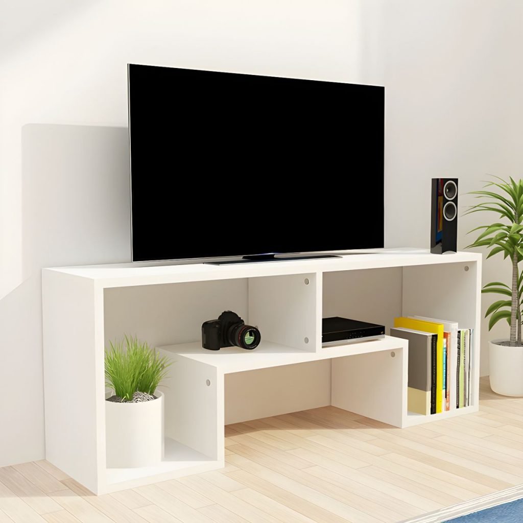 Apexerahomelife Open Frame White TV Console 140cm, showcasing a minimalist all-white open-back design with E0 eco-friendly wood.