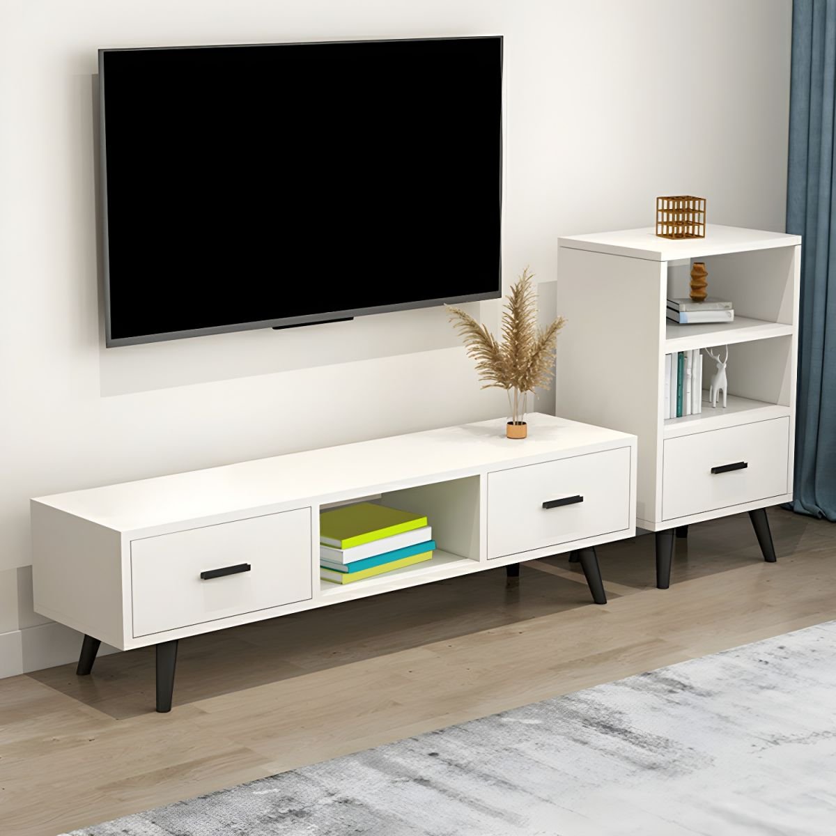 Wood TV Stand Console in Wood with Storage Drawers and Metal Legs Glam