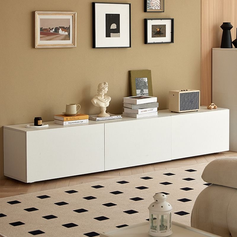 White Rectangle TV Stand with Shelf, 3-Drawers, Closet, Cable Management, and Gate