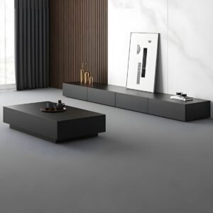 Matte Black Art Deco Real Wood TV Stand with Shelf, 4 Drawers/2-Drawer, and 2-Cabinet