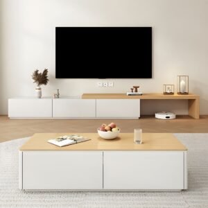 Modern Minimalist Art Deco Real Wood TV Stand with Shelf, 3 Drawers, Locker, and Cable Management