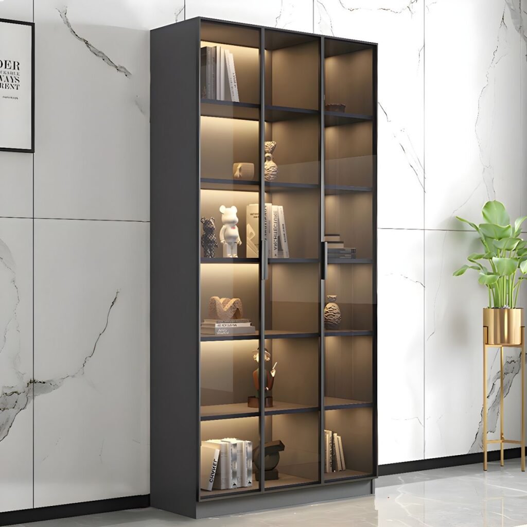 1200x12001 306 Modern Wooden Bookcase With Glass 2/6 Doors Library 2/3Drawers Storage Living Room Cabinet Book Shelvese With Lights Bookshelf