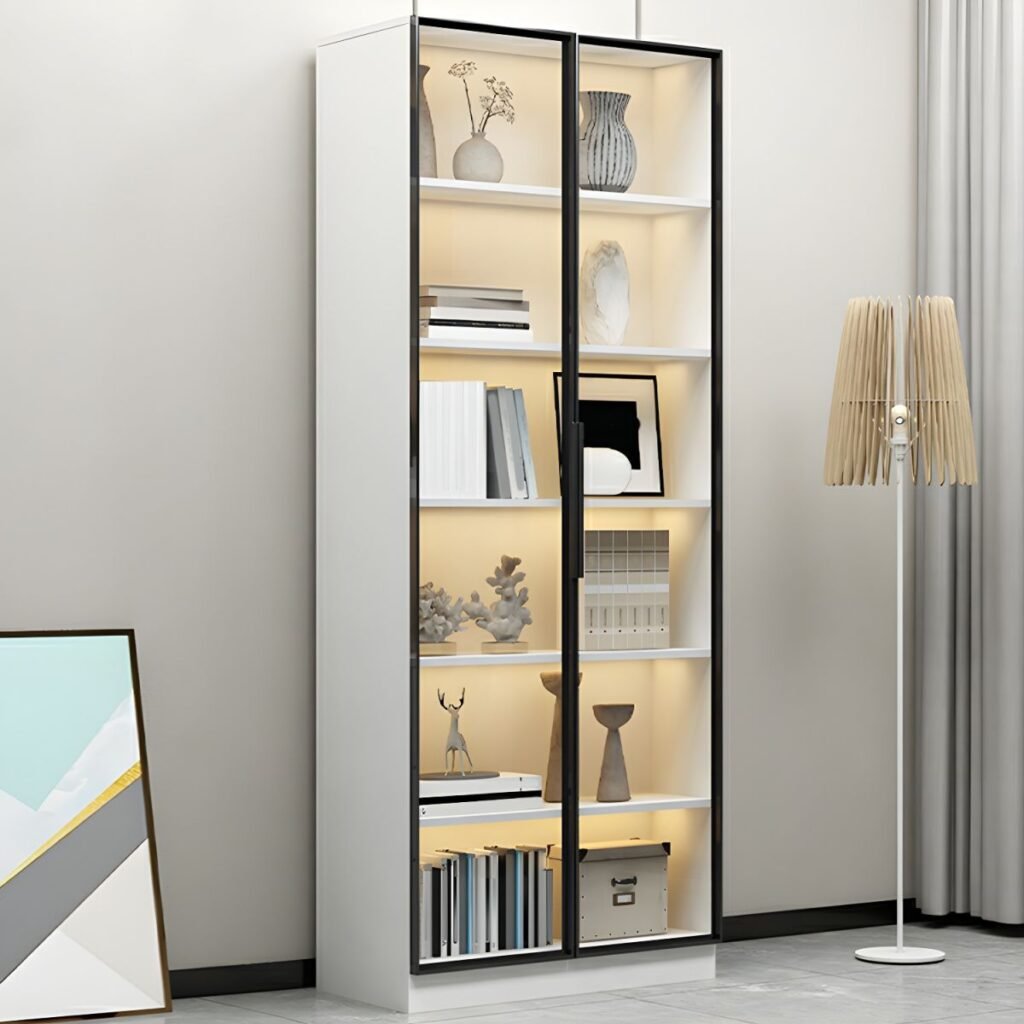 1200x12001 307 Wooden Bookcase Modern With Glass 2/6 Doors Living Room Library 2 Drawers Storage Cabinet Book Shelvese With Lights Bookshelf