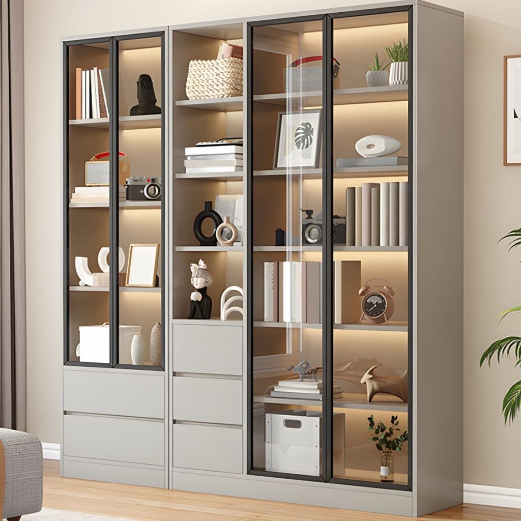 1200x12001 308 Wooden Modern Bookcase With Glass 2/6 Doors 2/3Drawers Storage Living Room Library Cabinet Book Shelvese With Lights Bookshelf