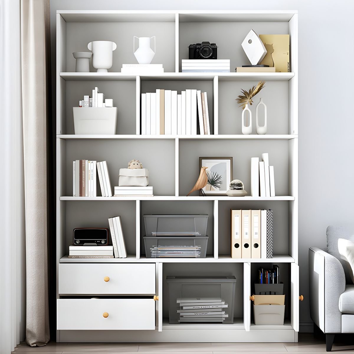 Wooden Modern Design Living Room Book Shelf Library Bookcase 2 Drawers Storage Cabinet Book Shelvese Bookshelf - Image 2