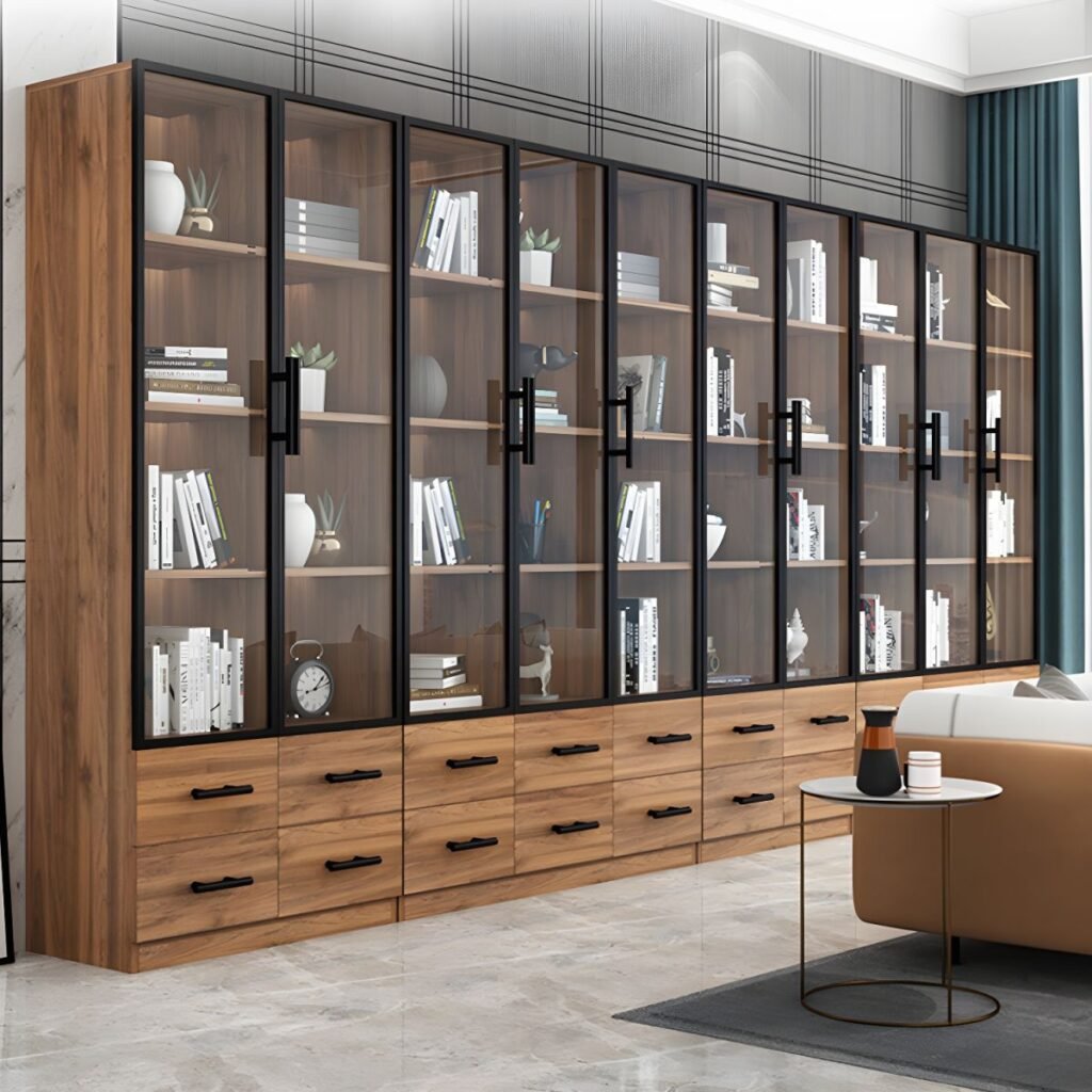 1200x12001 330 Sustainable Engineered Wood Bookcase with Integrated Glass Display Case and Bottom Drawer Storage - Modern Minimalist Style