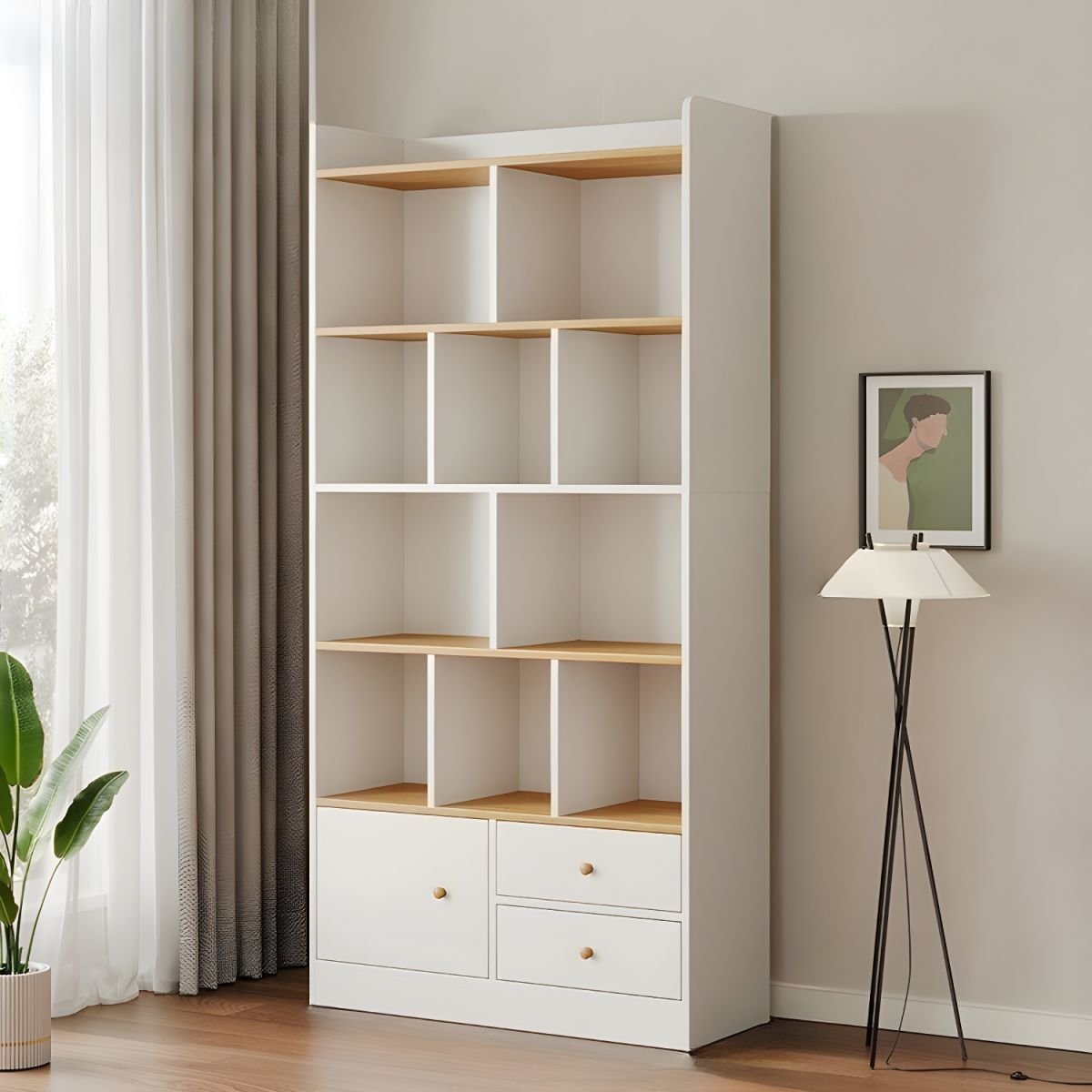 Modern Wooden Bookcase with Lower Cabinet Doors and Drawers - 5-Tier Large Storage Shelf for Home Office - Image 3