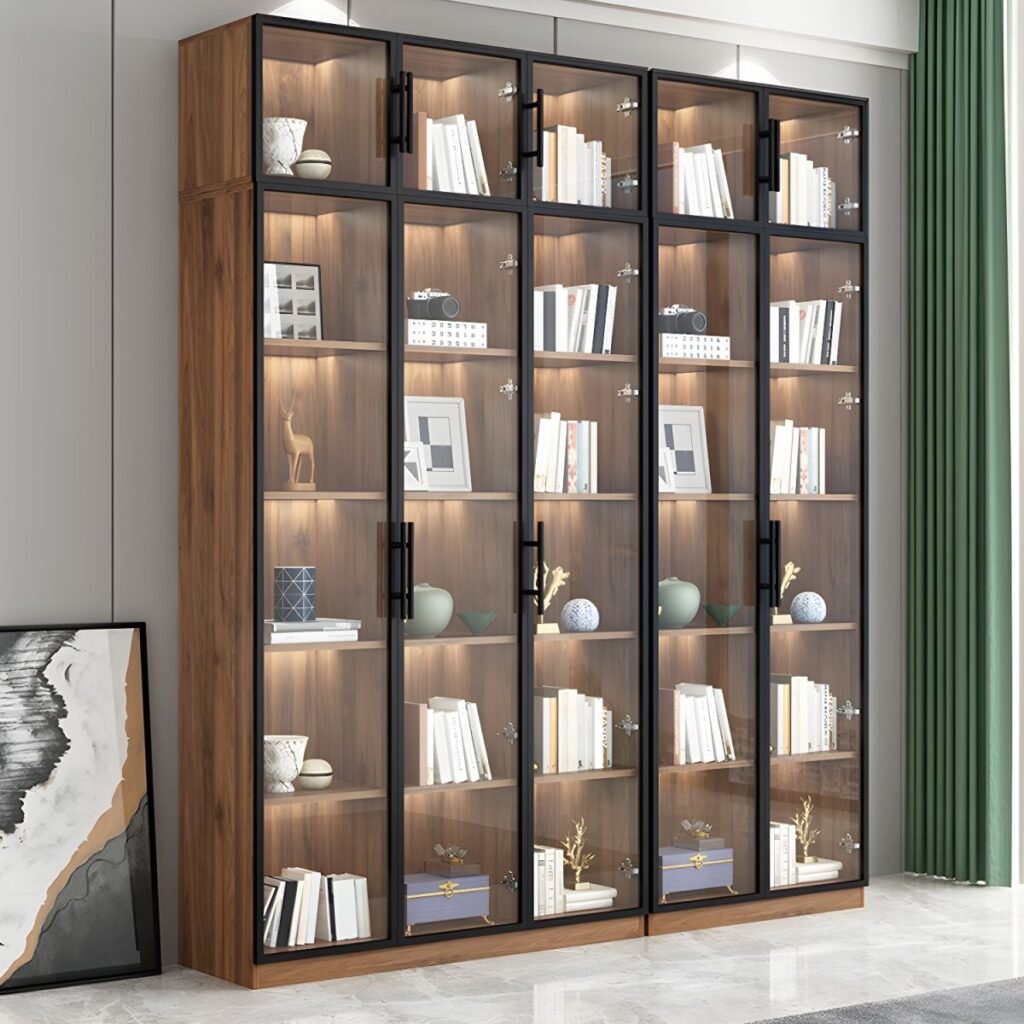1200x12001 340 Modern Wooden Bookcase with 4 Glass Doors and Integrated LED Lighting - 79" Tall Luxury Storage Cabinet